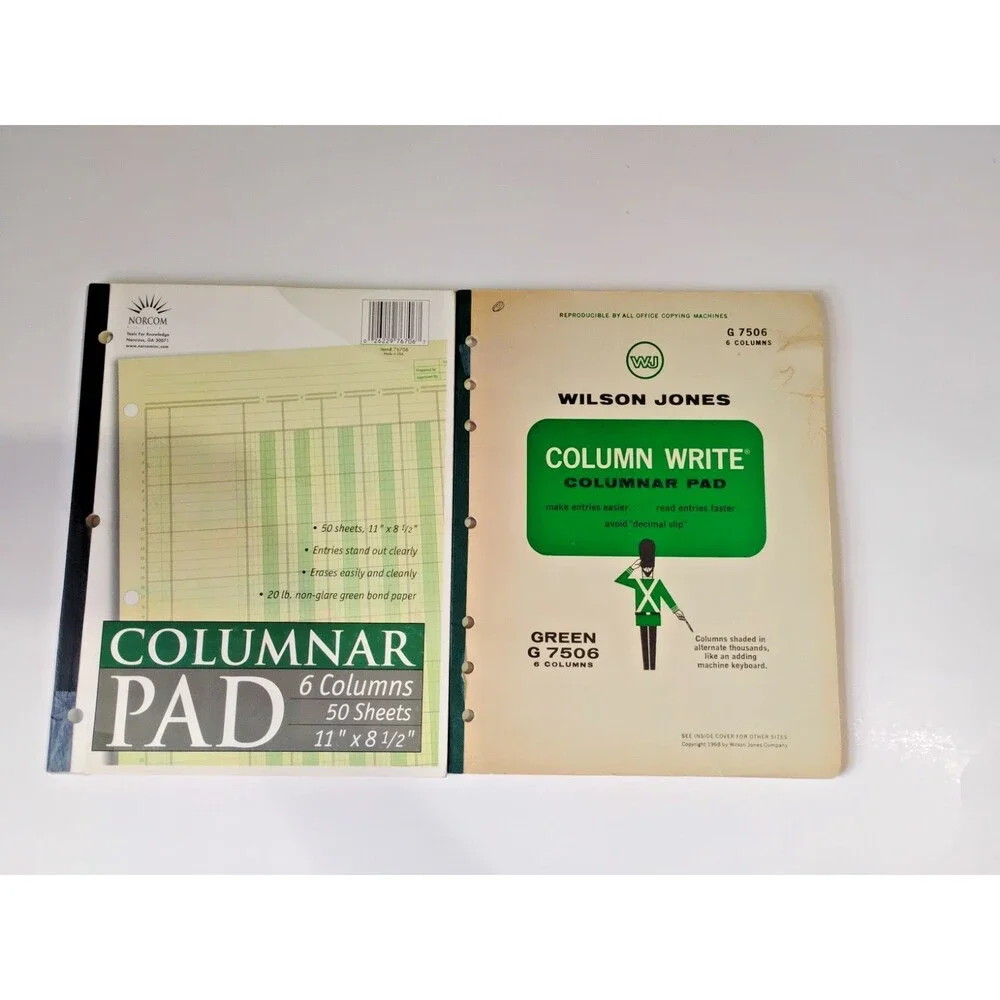 Set of 2 vintage accounting ledgers, both 6-column, 50 pages, green  New
